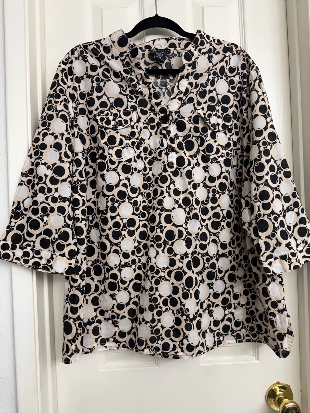 Women's 100% Cotton Tunic 3/4 Sleeve Black and Cream Geometric Blouse Plus Size